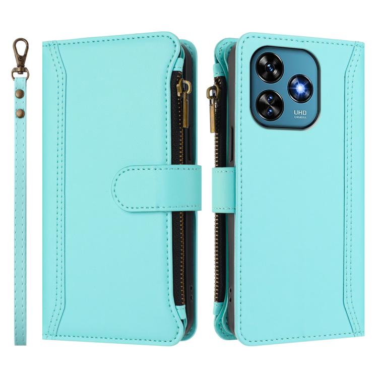 For Oukitel C51 Magnetic Closure 9 Card Slots Zipper Leather Case with Hand Strap