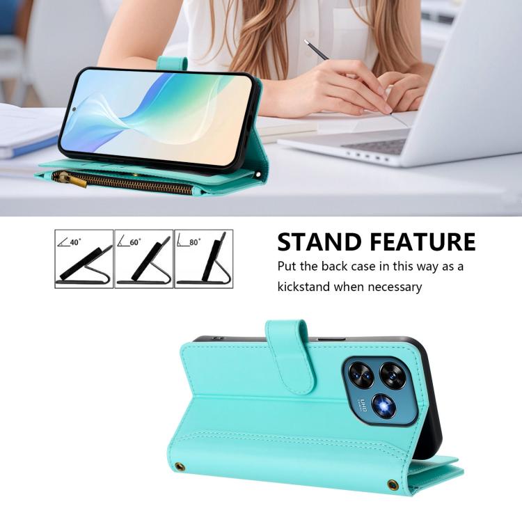 For Oukitel C51 Magnetic Closure 9 Card Slots Zipper Leather Case with Hand Strap