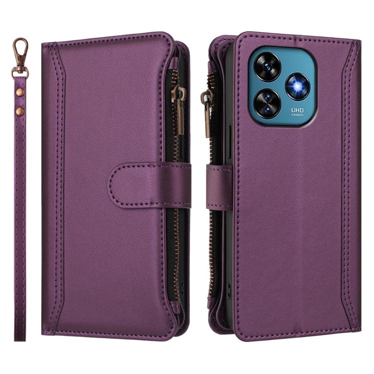 For Oukitel C51 Magnetic Closure 9 Card Slots Zipper Leather Case with Hand Strap