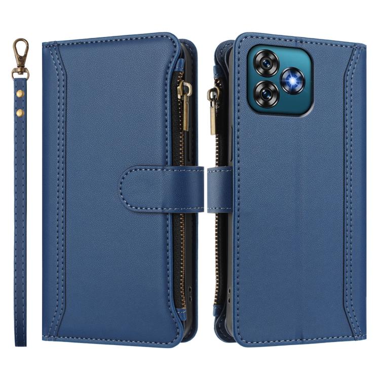 For Oukitel C53 Magnetic Closure 9 Card Slots Zipper Leather Case with Hand Strap