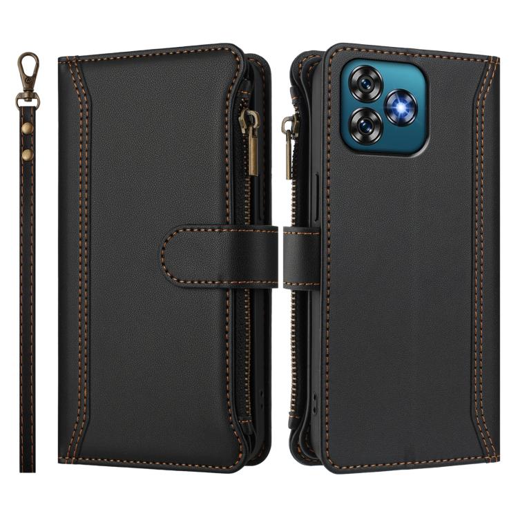 For Oukitel C53 Magnetic Closure 9 Card Slots Zipper Leather Case with Hand Strap