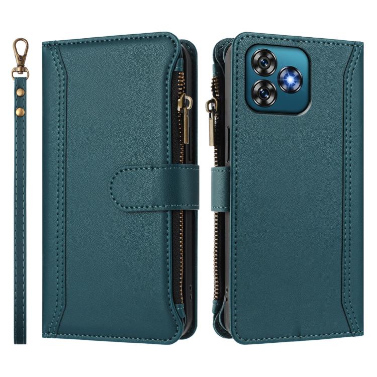 For Oukitel C53 Magnetic Closure 9 Card Slots Zipper Leather Case with Hand Strap