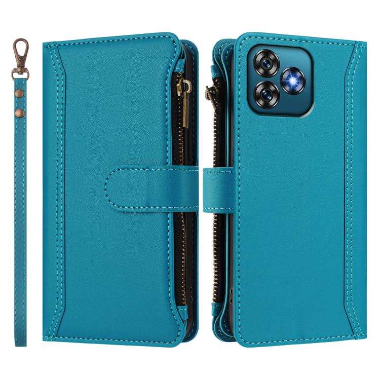 For Oukitel C53 Magnetic Closure 9 Card Slots Zipper Leather Case with Hand Strap