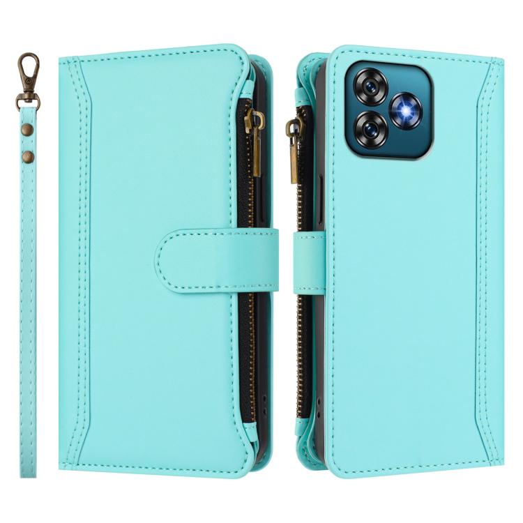 For Oukitel C53 Magnetic Closure 9 Card Slots Zipper Leather Case with Hand Strap