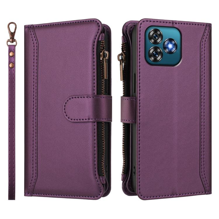 For Oukitel C53 Magnetic Closure 9 Card Slots Zipper Leather Case with Hand Strap