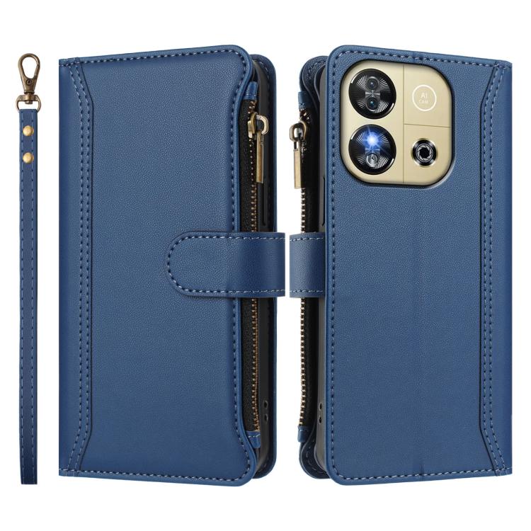 For Oukitel C57s / C57 Pro / C57 Magnetic Closure 9 Card Slots Zipper Leather Case with Hand Strap