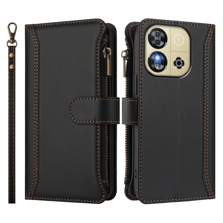 For Oukitel C57s / C57 Pro / C57 Magnetic Closure 9 Card Slots Zipper Leather Case with Hand Strap