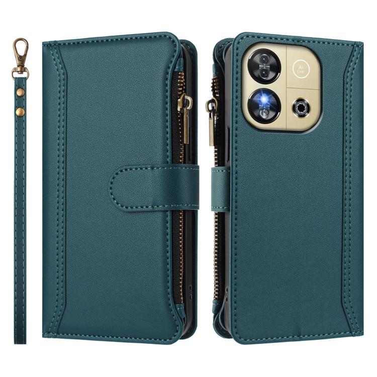For Oukitel C57s / C57 Pro / C57 Magnetic Closure 9 Card Slots Zipper Leather Case with Hand Strap