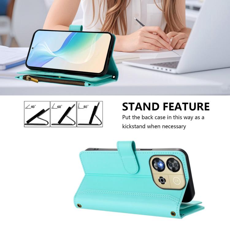 For Oukitel C57s / C57 Pro / C57 Magnetic Closure 9 Card Slots Zipper Leather Case with Hand Strap