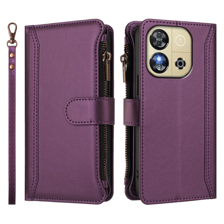 For Oukitel C57s / C57 Pro / C57 Magnetic Closure 9 Card Slots Zipper Leather Case with Hand Strap