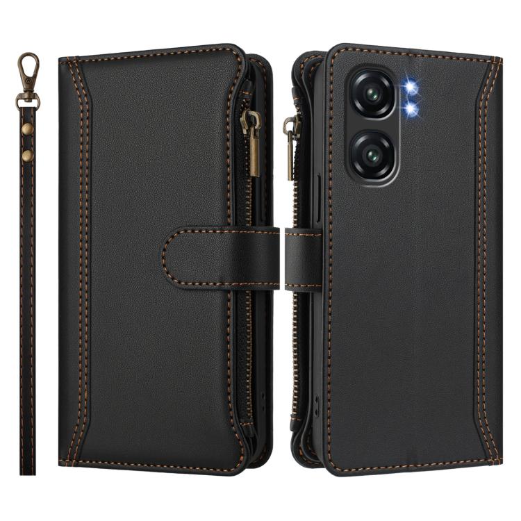 For Oukitel C58 / C58 Pro Magnetic Closure 9 Card Slots Zipper Leather Case with Hand Strap
