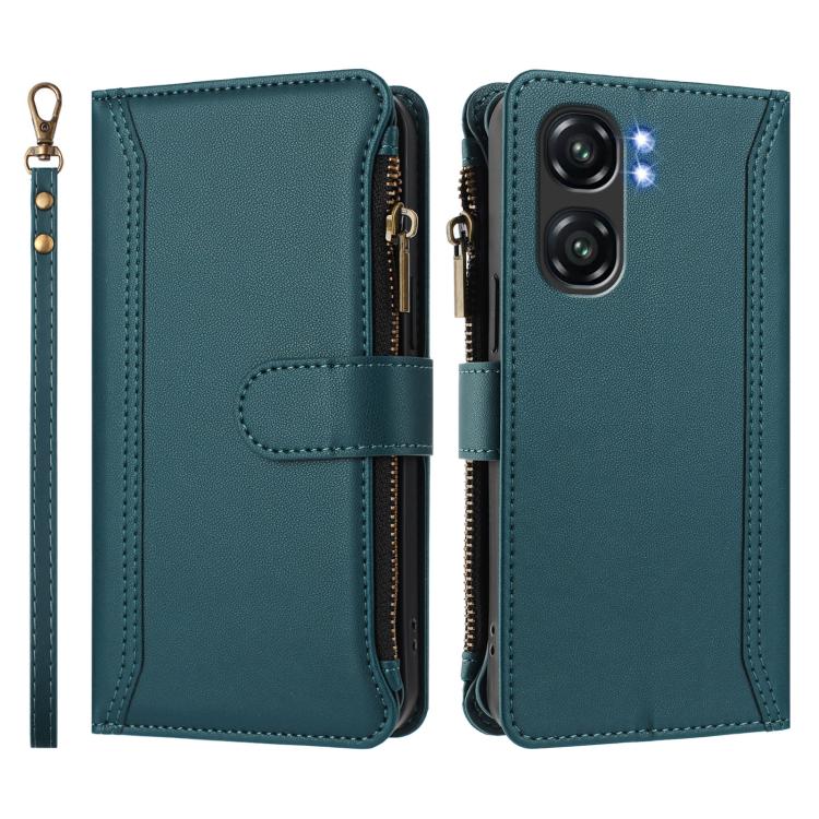 For Oukitel C58 / C58 Pro Magnetic Closure 9 Card Slots Zipper Leather Case with Hand Strap