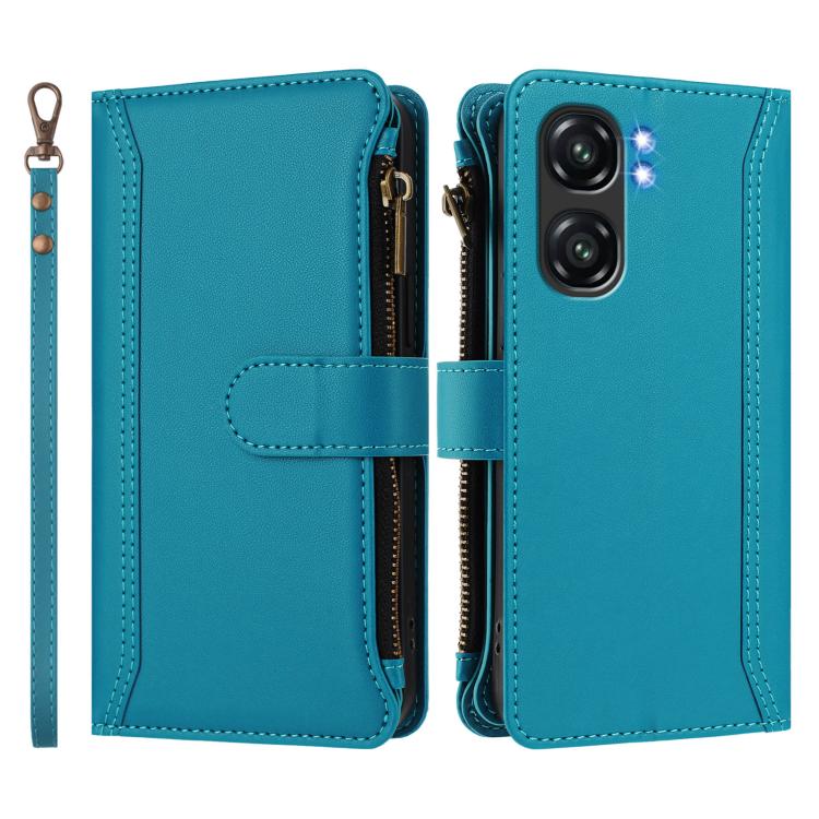 For Oukitel C58 / C58 Pro Magnetic Closure 9 Card Slots Zipper Leather Case with Hand Strap