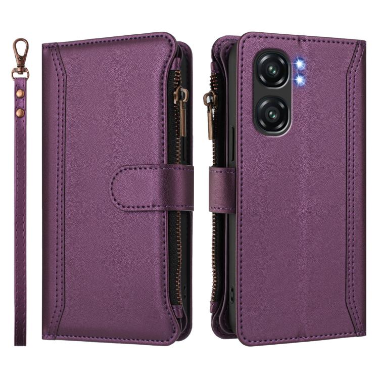 For Oukitel C58 / C58 Pro Magnetic Closure 9 Card Slots Zipper Leather Case with Hand Strap
