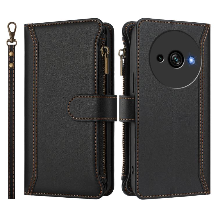 For Oukitel C59 / C59 Pro Magnetic Closure 9 Card Slots Zipper Leather Case with Hand Strap