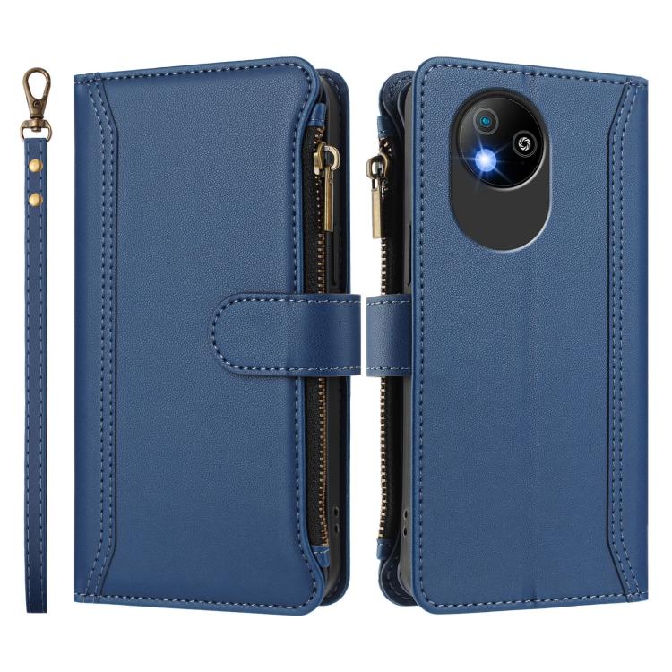 For ZTE Blade A35 Lite / A35 Core Magnetic Closure 9 Card Slots Zipper Leather Case with Hand Strap