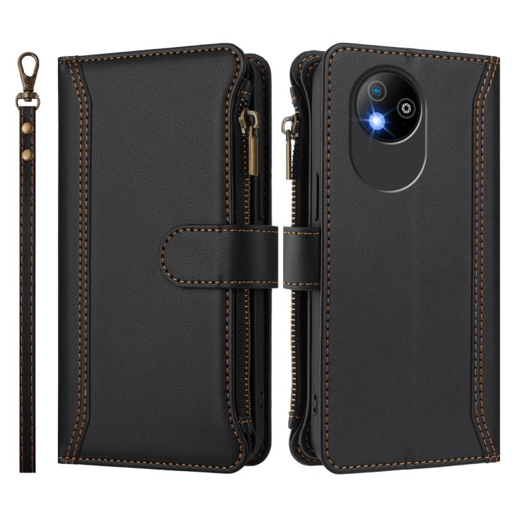 For ZTE Blade A35 Lite / A35 Core Magnetic Closure 9 Card Slots Zipper Leather Case with Hand Strap