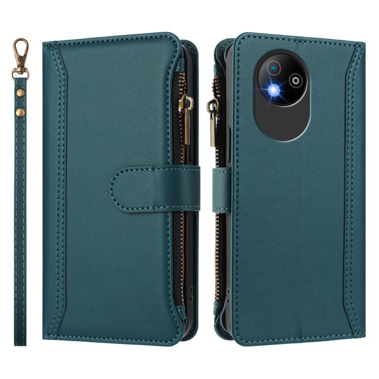 For ZTE Blade A35 Lite / A35 Core Magnetic Closure 9 Card Slots Zipper Leather Case with Hand Strap