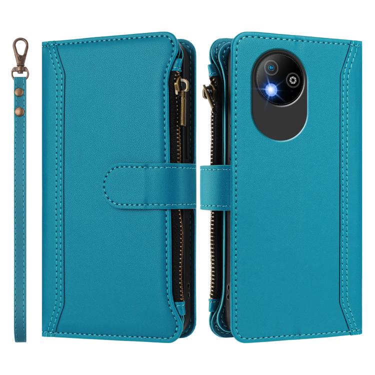For ZTE Blade A35 Lite / A35 Core Magnetic Closure 9 Card Slots Zipper Leather Case with Hand Strap
