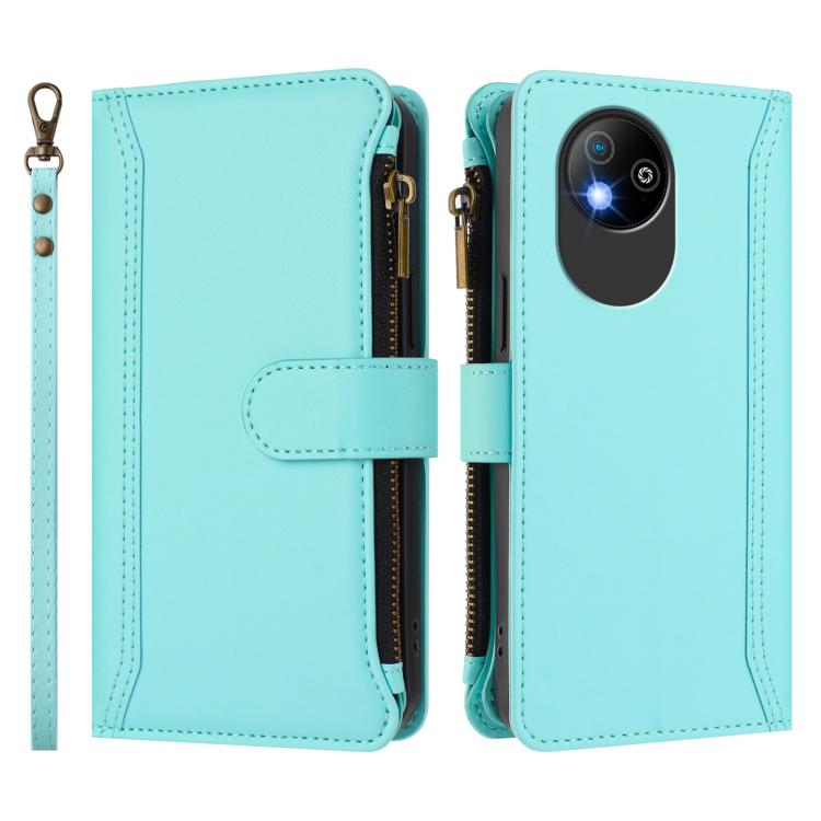 For ZTE Blade A35 Lite / A35 Core Magnetic Closure 9 Card Slots Zipper Leather Case with Hand Strap