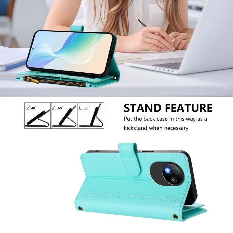 For ZTE Blade A35 Lite / A35 Core Magnetic Closure 9 Card Slots Zipper Leather Case with Hand Strap