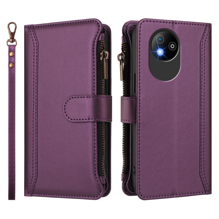 For ZTE Blade A35 Lite / A35 Core Magnetic Closure 9 Card Slots Zipper Leather Case with Hand Strap