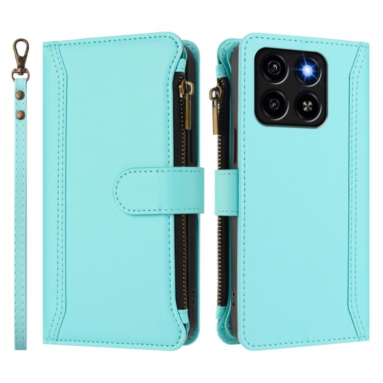 For ZTE Blade A35 / A55 Magnetic Closure 9 Card Slots Zipper Leather Case with Hand Strap