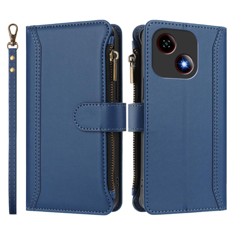 For ZTE Blade A35E Magnetic Closure 9 Card Slots Zipper Leather Case with Hand Strap