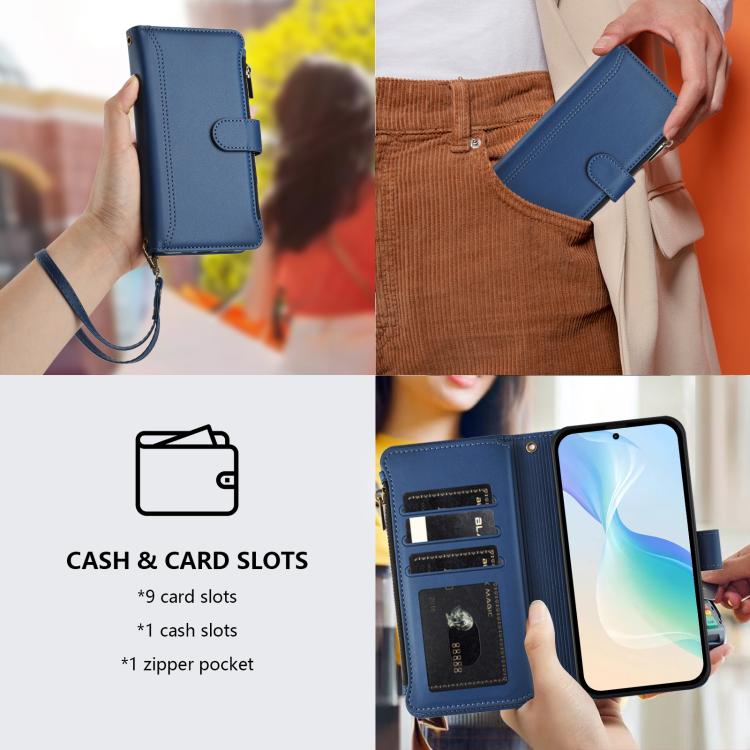 For ZTE Blade A35E Magnetic Closure 9 Card Slots Zipper Leather Case with Hand Strap