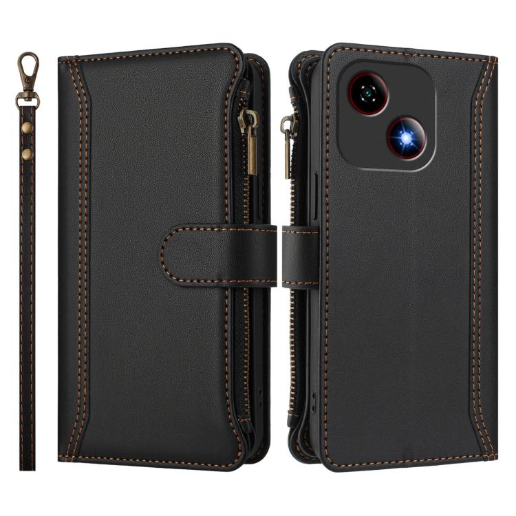 For ZTE Blade A35E Magnetic Closure 9 Card Slots Zipper Leather Case with Hand Strap