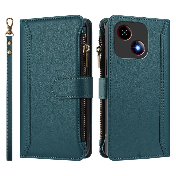 For ZTE Blade A35E Magnetic Closure 9 Card Slots Zipper Leather Case with Hand Strap