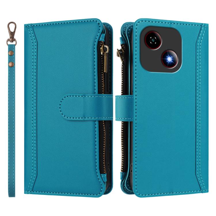 For ZTE Blade A35E Magnetic Closure 9 Card Slots Zipper Leather Case with Hand Strap