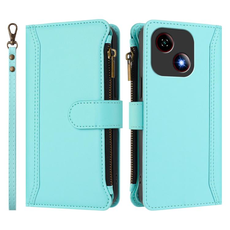 For ZTE Blade A35E Magnetic Closure 9 Card Slots Zipper Leather Case with Hand Strap