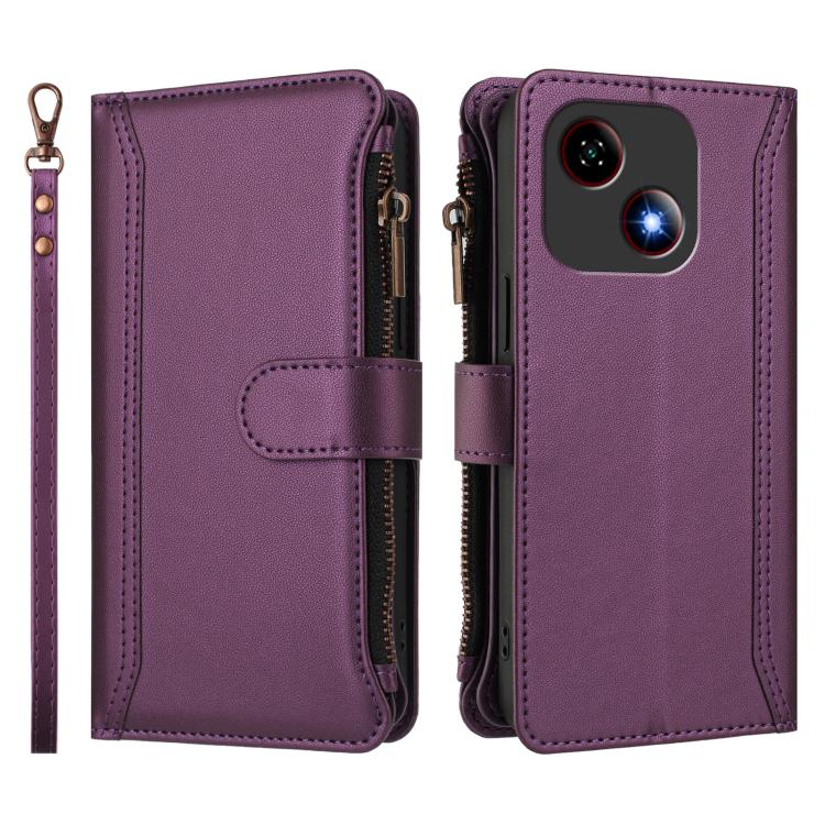 For ZTE Blade A35E Magnetic Closure 9 Card Slots Zipper Leather Case with Hand Strap