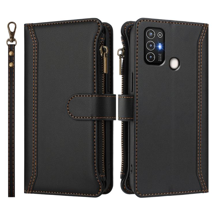 For ZTE Blade A52 Magnetic Closure 9 Card Slots Zipper Leather Case with Hand Strap