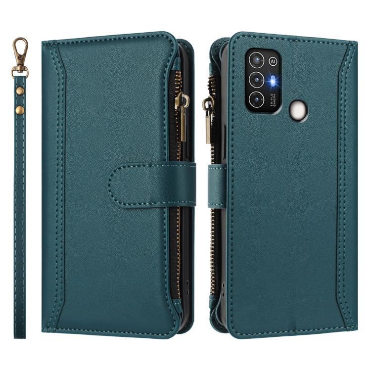 For ZTE Blade A52 Magnetic Closure 9 Card Slots Zipper Leather Case with Hand Strap