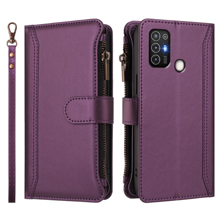For ZTE Blade A52 Magnetic Closure 9 Card Slots Zipper Leather Case with Hand Strap