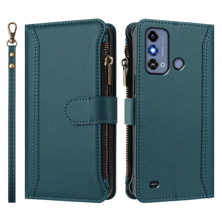 For ZTE Blade A53 / A53+ Magnetic Closure 9 Card Slots Zipper Leather Case with Hand Strap