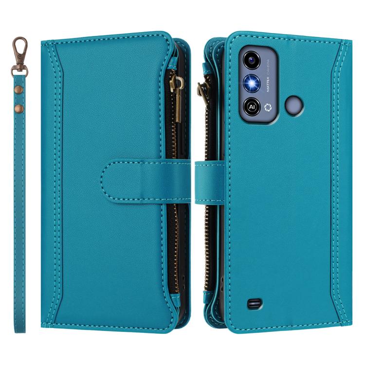For ZTE Blade A53 / A53+ Magnetic Closure 9 Card Slots Zipper Leather Case with Hand Strap