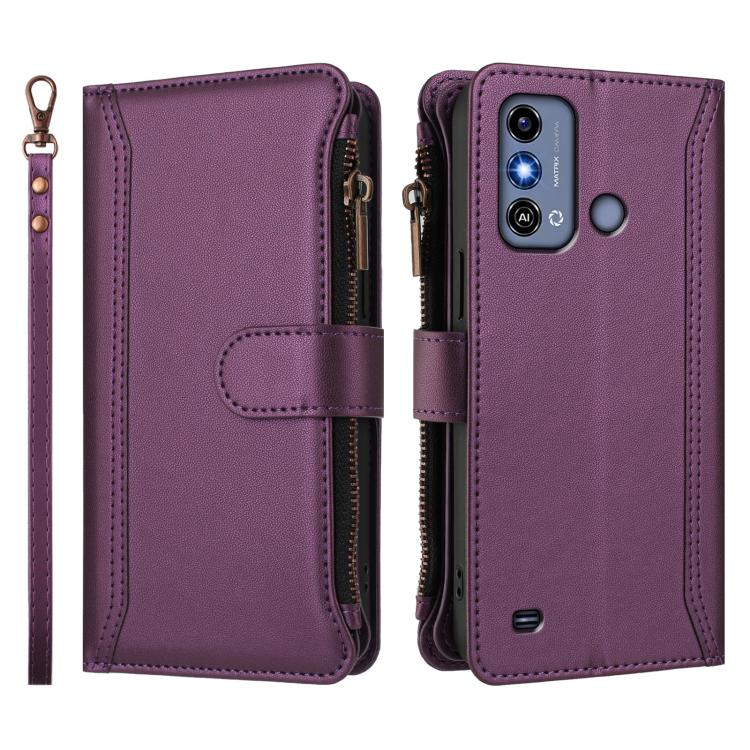 For ZTE Blade A53 / A53+ Magnetic Closure 9 Card Slots Zipper Leather Case with Hand Strap