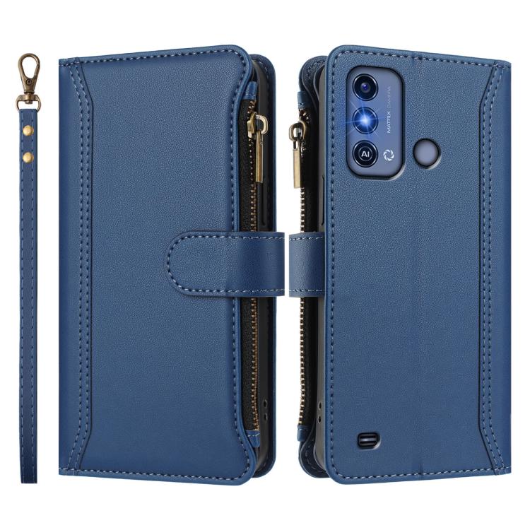 For ZTE Blade A53 Pro Magnetic Closure 9 Card Slots Zipper Leather Case with Hand Strap