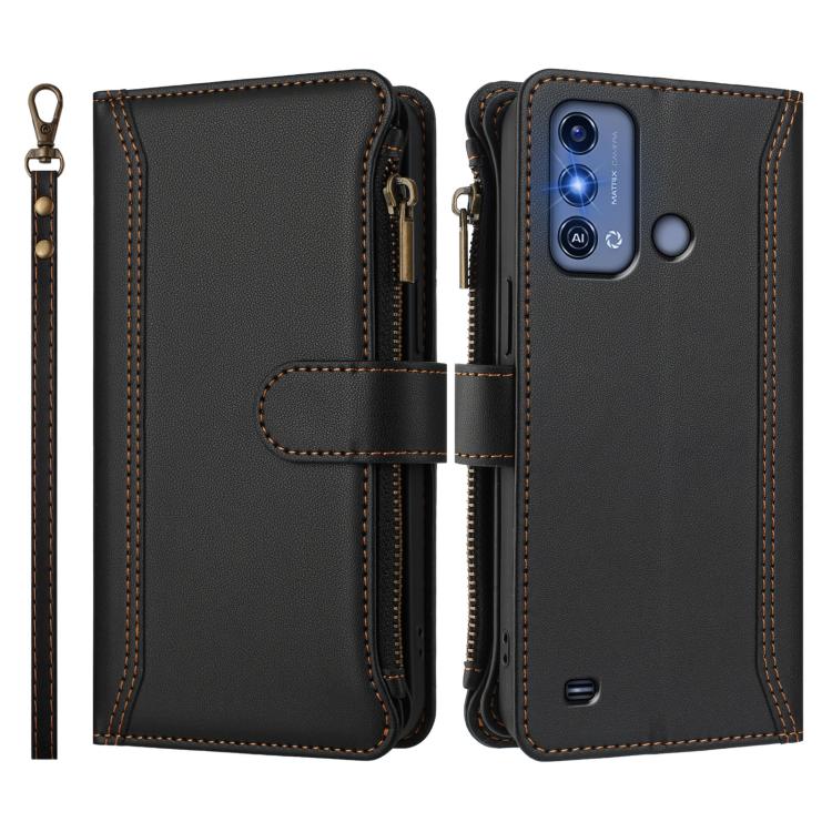 For ZTE Blade A53 Pro Magnetic Closure 9 Card Slots Zipper Leather Case with Hand Strap