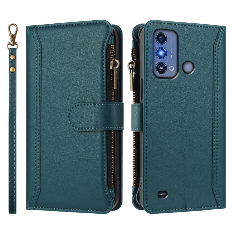 For ZTE Blade A53 Pro Magnetic Closure 9 Card Slots Zipper Leather Case with Hand Strap