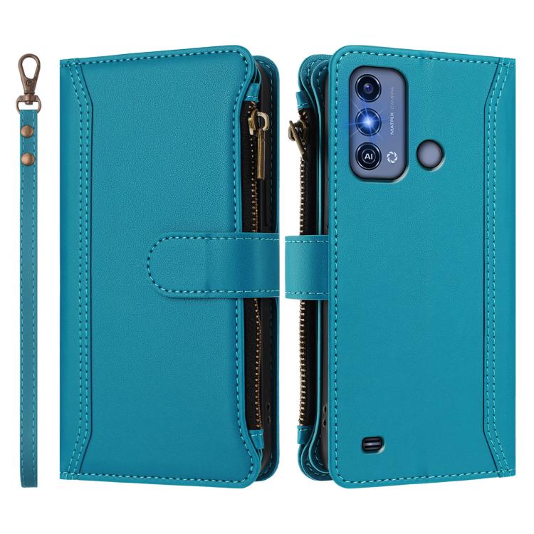 For ZTE Blade A53 Pro Magnetic Closure 9 Card Slots Zipper Leather Case with Hand Strap