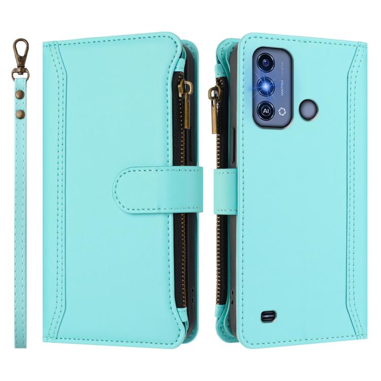 For ZTE Blade A53 Pro Magnetic Closure 9 Card Slots Zipper Leather Case with Hand Strap