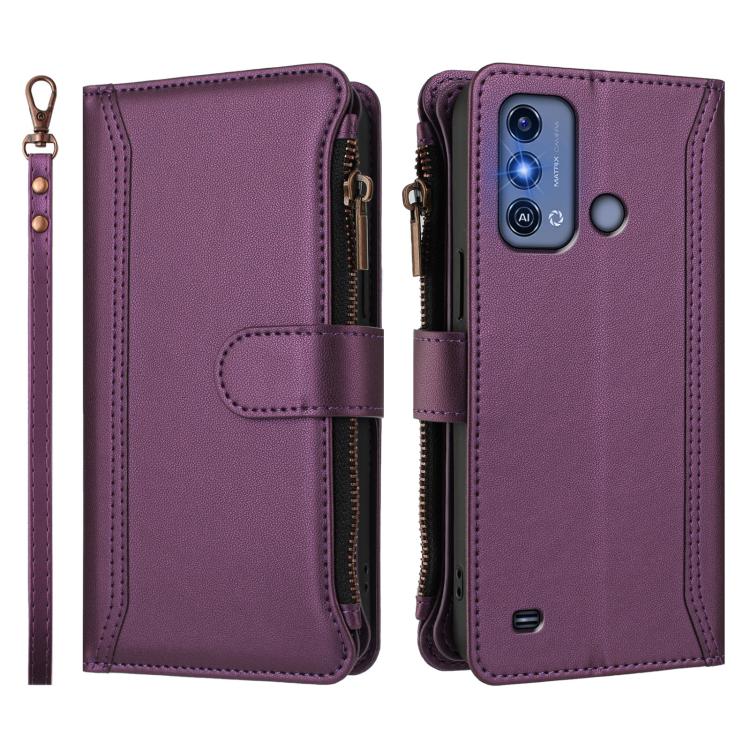 For ZTE Blade A53 Pro Magnetic Closure 9 Card Slots Zipper Leather Case with Hand Strap