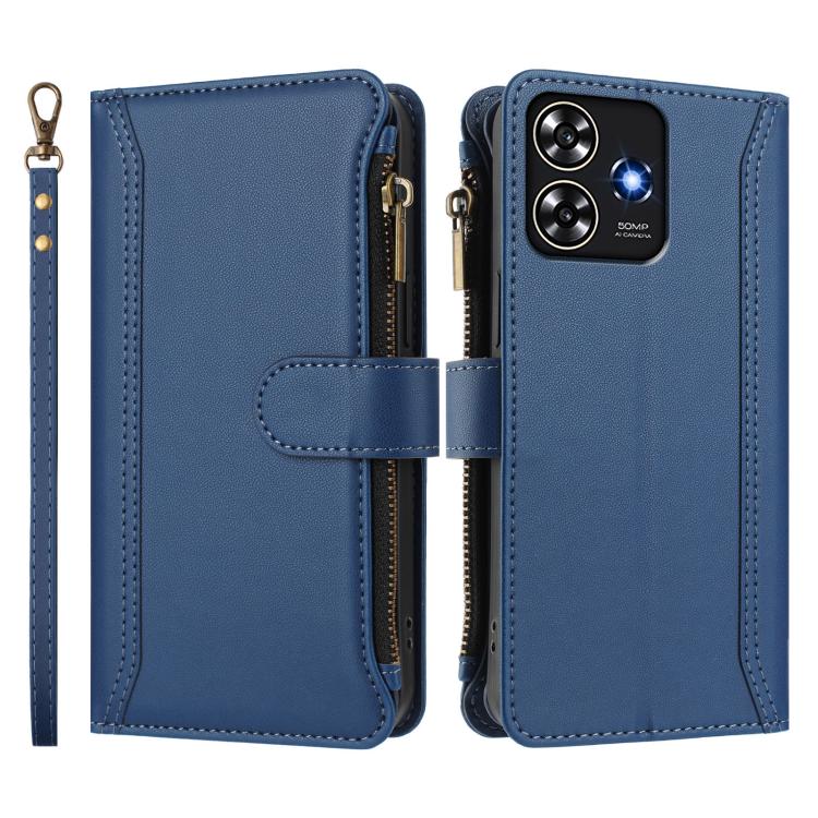 For ZTE Blade A73 4G Magnetic Closure 9 Card Slots Zipper Leather Case with Hand Strap