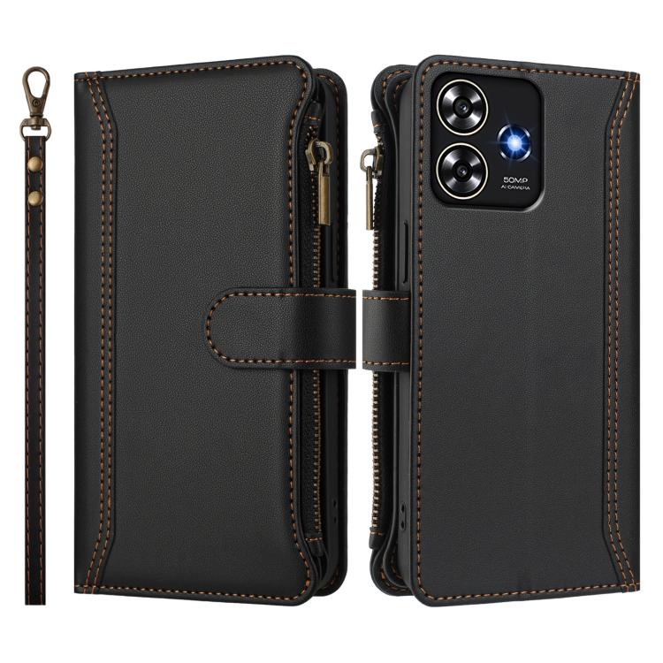For ZTE Blade A73 4G Magnetic Closure 9 Card Slots Zipper Leather Case with Hand Strap