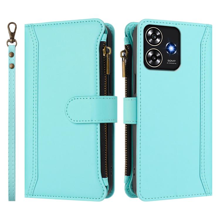 For ZTE Blade A73 4G Magnetic Closure 9 Card Slots Zipper Leather Case with Hand Strap