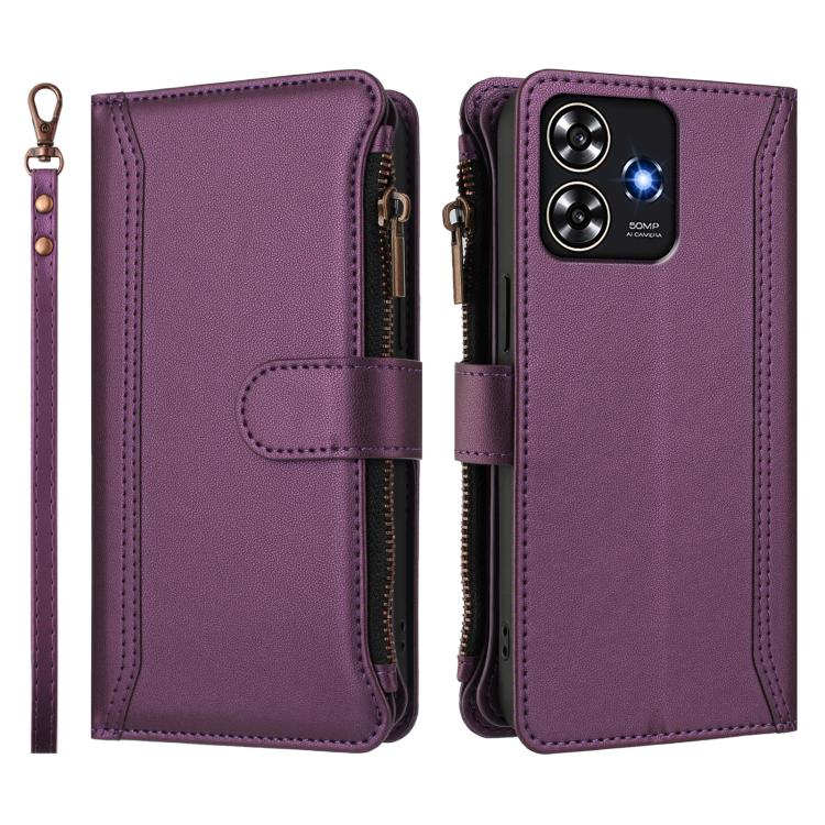 For ZTE Blade A73 4G Magnetic Closure 9 Card Slots Zipper Leather Case with Hand Strap